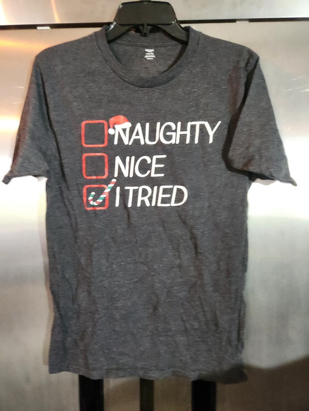 Holiday Time Naughty Nice I Tried Graphic Tee Women's Size Small Gray
